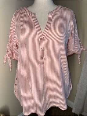 LAST CALL!!! 
Kaktus Pink and White Striped Tie-Sleeve Henley Tunic